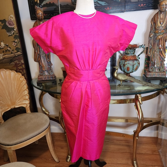 Vintage Pink Boogies Thai 100%  Puff Silk  Jacket  & Dress Set - Picture 6 of 17